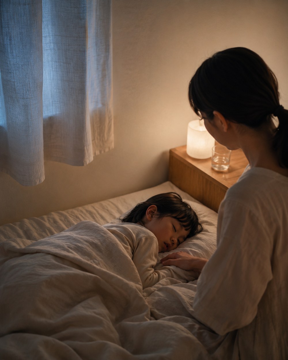 夜、静かに眠るお子さまを見守るお母さまのイメージ